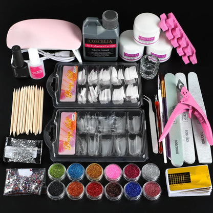 Premium professional acrylic nails kit with USB lamp, acrylic powders, glitters, and nail art tools for at-home salon-quality manicures