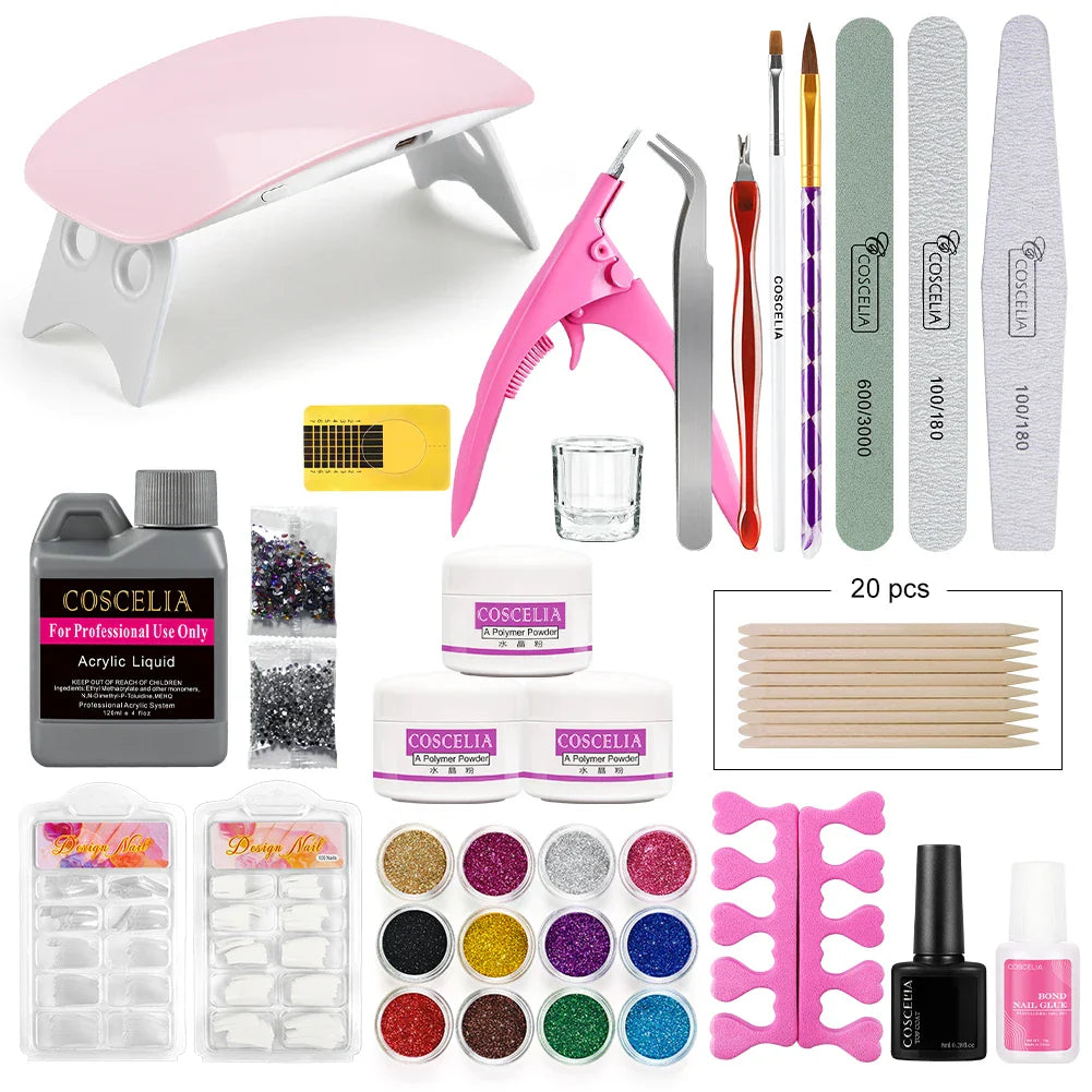 Premium professional acrylic nails kit with USB lamp, acrylic powders, glitters, and nail art tools for at-home salon-quality manicures