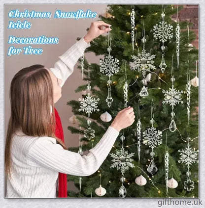 Sparkling clear acrylic icicle ornaments with hanging holes and ribbon, perfect for decorating Christmas trees, fireplaces, and more.