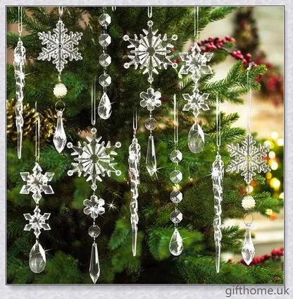 Sparkling clear acrylic icicle ornaments with hanging holes and ribbon, perfect for decorating Christmas trees, fireplaces, and more.
