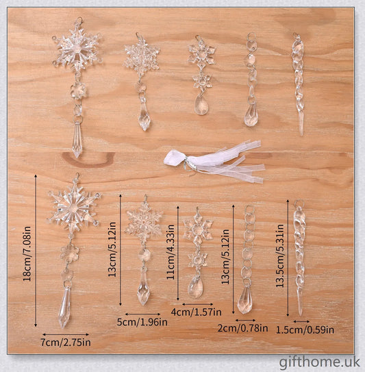Sparkling clear acrylic icicle ornaments with hanging holes and ribbon, perfect for decorating Christmas trees, fireplaces, and more.