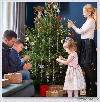 Sparkling clear acrylic icicle ornaments with hanging holes and ribbon, perfect for decorating Christmas trees, fireplaces, and more.