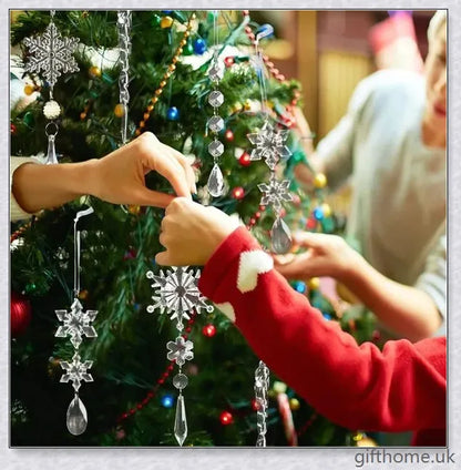 Sparkling clear acrylic icicle ornaments with hanging holes and ribbon, perfect for decorating Christmas trees, fireplaces, and more.