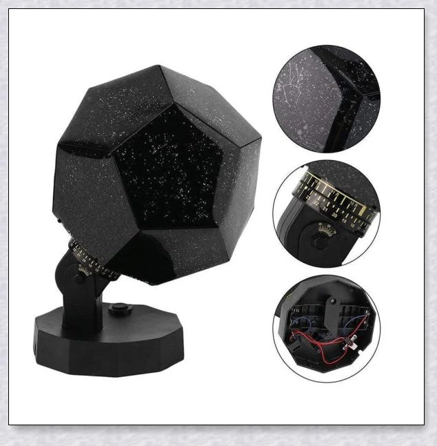 A star projector lamp casting a stunning display of stars and constellations across a bedroom wall