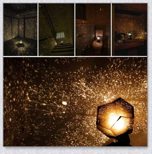 A star projector lamp casting a stunning display of stars and constellations across a bedroom wall
