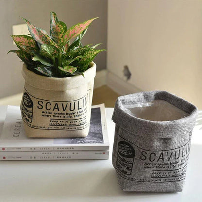 Cream white fabric flower pot cover and storage bag with a neat, upright shape and handmade details