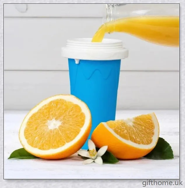 A silicone and TPU slushy cup with a straw and spoon, capable of turning liquids into frozen treats in just 1-2 minutes.