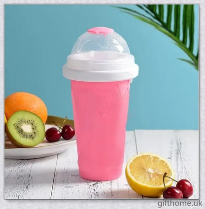A silicone and TPU slushy cup with a straw and spoon, capable of turning liquids into frozen treats in just 1-2 minutes.