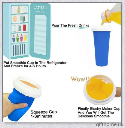 A silicone and TPU slushy cup with a straw and spoon, capable of turning liquids into frozen treats in just 1-2 minutes.