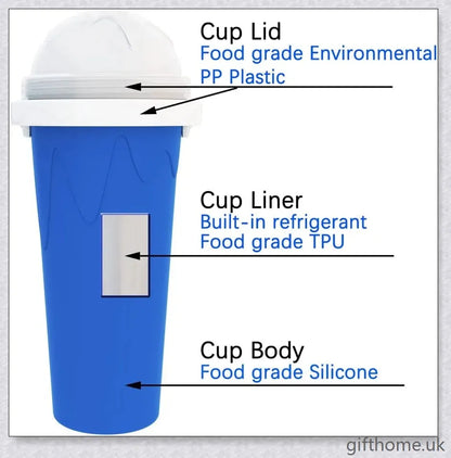 A silicone and TPU slushy cup with a straw and spoon, capable of turning liquids into frozen treats in just 1-2 minutes.