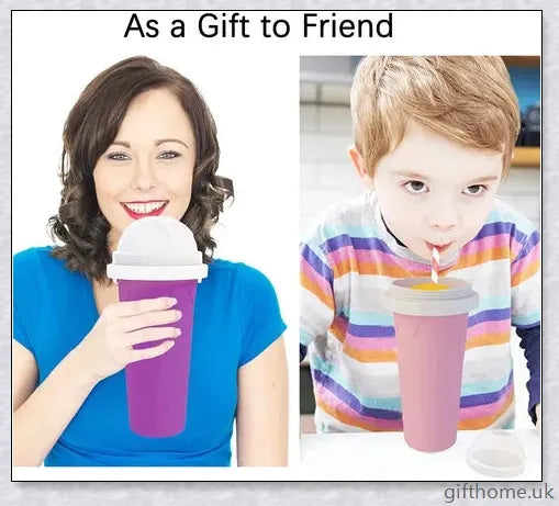 A silicone and TPU slushy cup with a straw and spoon, capable of turning liquids into frozen treats in just 1-2 minutes.