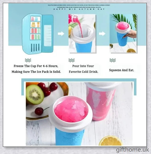 A silicone and TPU slushy cup with a straw and spoon, capable of turning liquids into frozen treats in just 1-2 minutes.