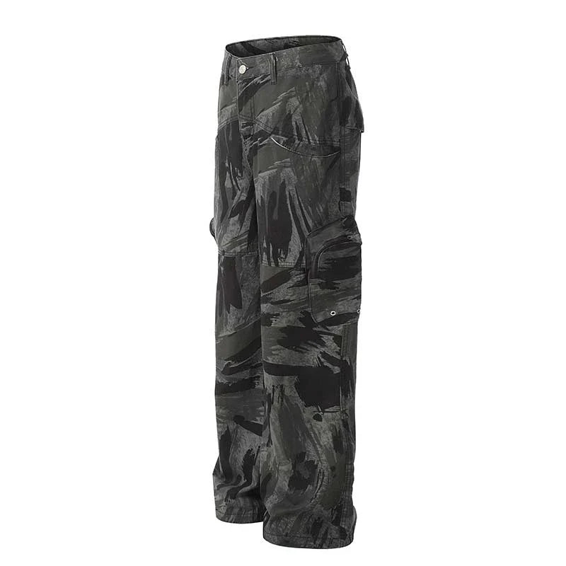 Graffiti-inspired camouflage print straight jeans for fashionable men and women