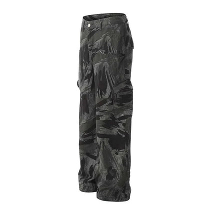 Graffiti-inspired camouflage print straight jeans for fashionable men and women