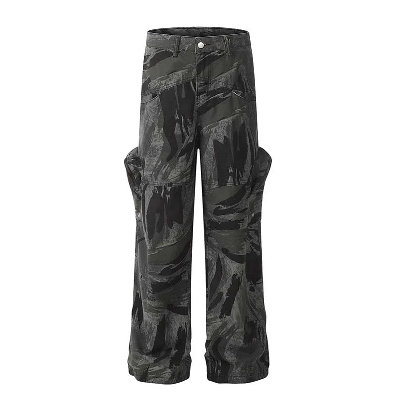 Graffiti-inspired camouflage print straight jeans for fashionable men and women