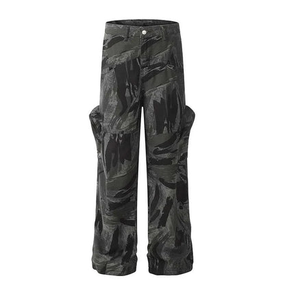 Graffiti-inspired camouflage print straight jeans for fashionable men and women
