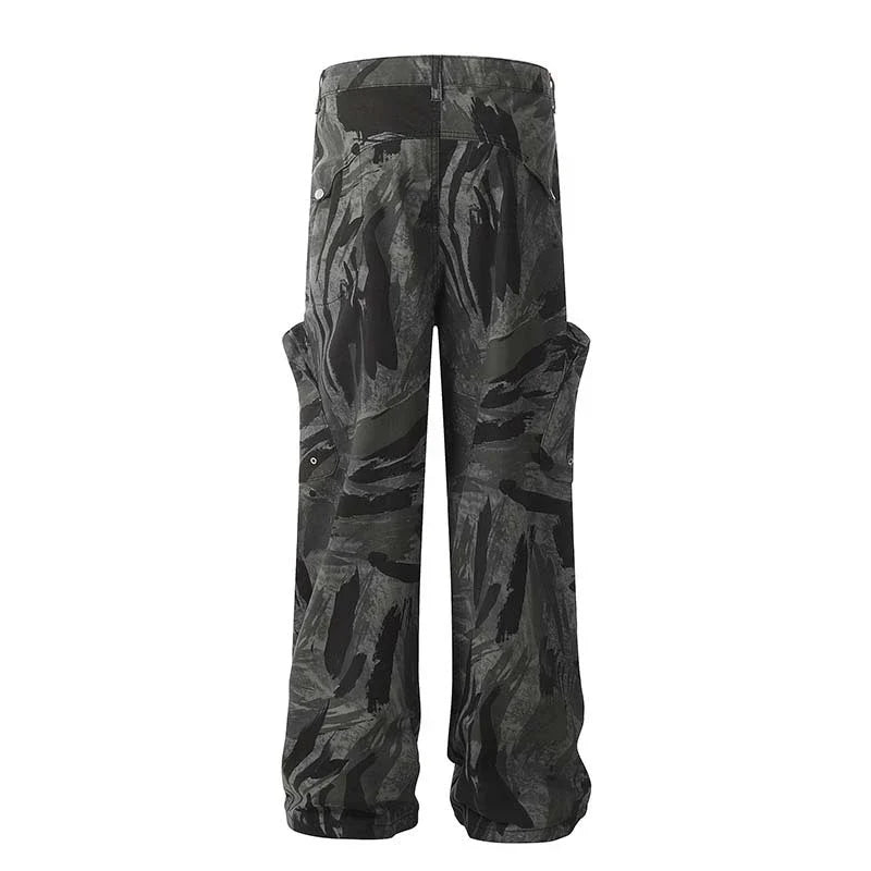 Graffiti-inspired camouflage print straight jeans for fashionable men and women