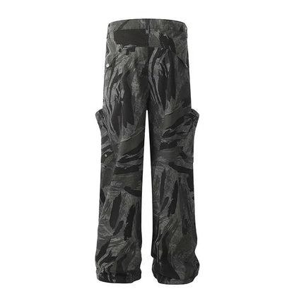Graffiti-inspired camouflage print straight jeans for fashionable men and women