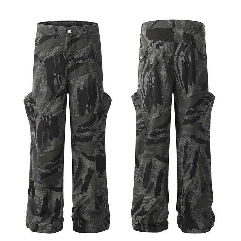Graffiti-inspired camouflage print straight jeans for fashionable men and women