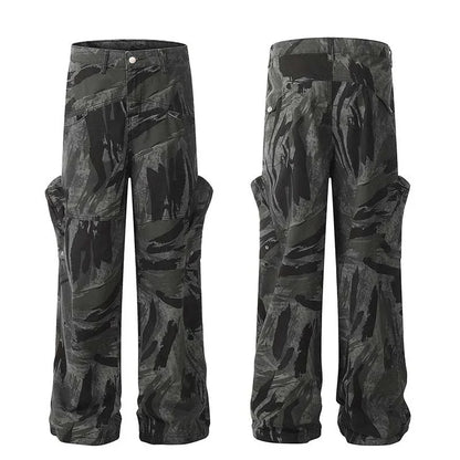 Graffiti-inspired camouflage print straight jeans for fashionable men and women