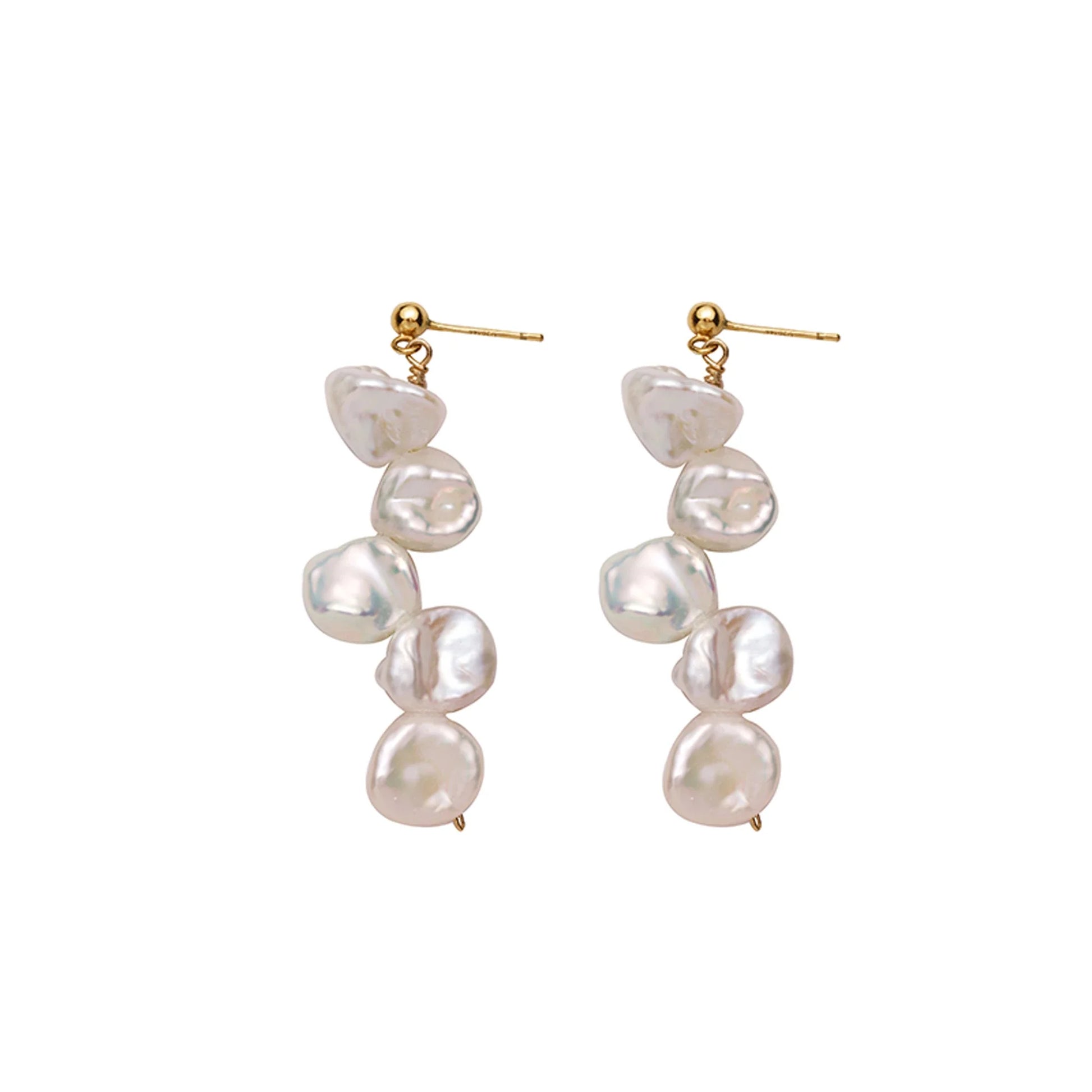 Pair of natural baroque pearl earrings with spiral clip design, featuring uniquely formed pearls in a shimmering display