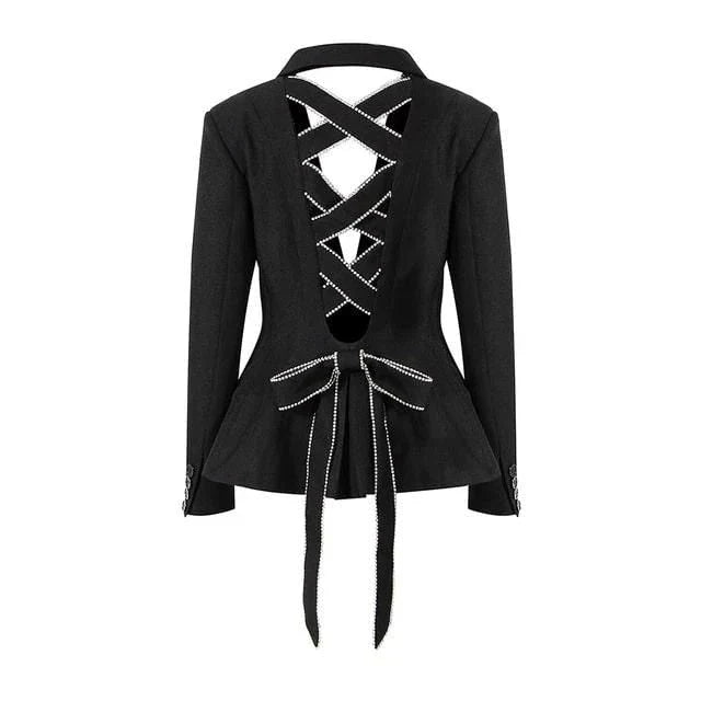 Diamond-embellished women's blazer with bow tie design and slim fit for elegant, sophisticated style