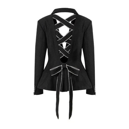 Diamond-embellished women's blazer with bow tie design and slim fit for elegant, sophisticated style