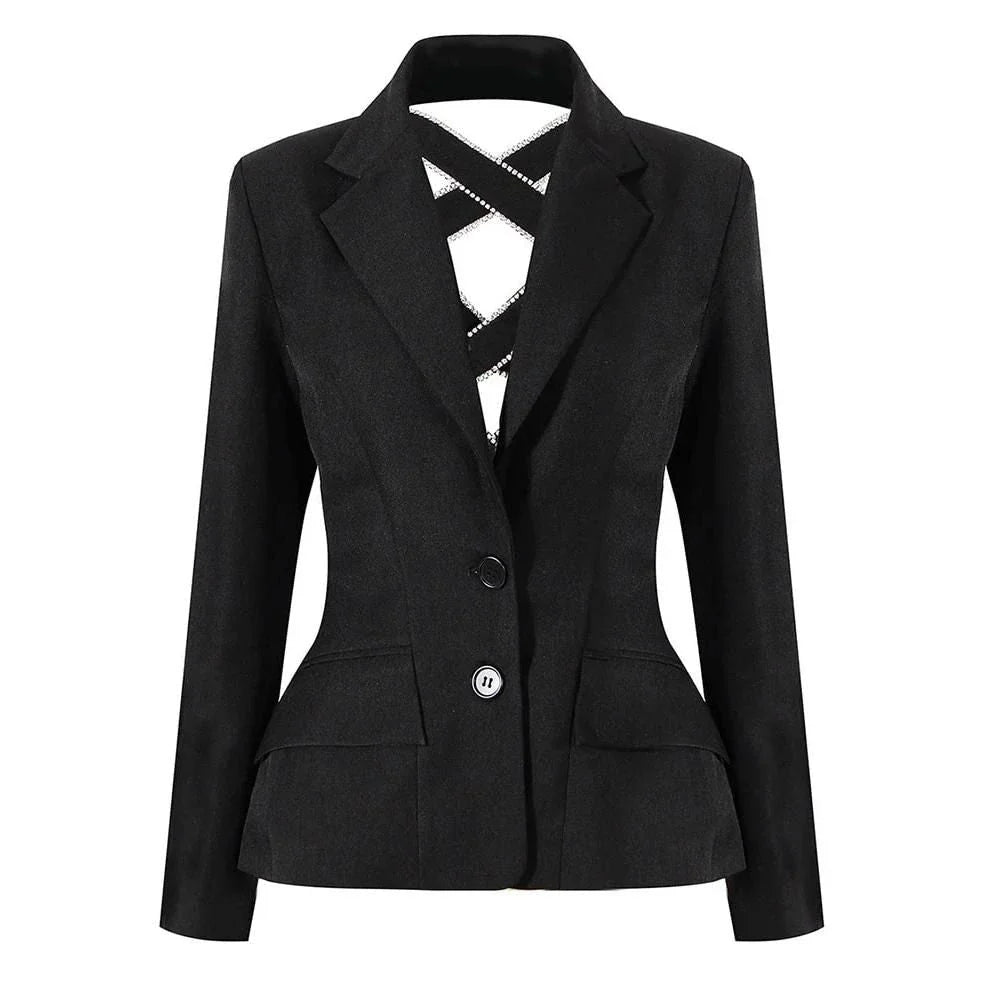 Diamond-embellished women's blazer with bow tie design and slim fit for elegant, sophisticated style