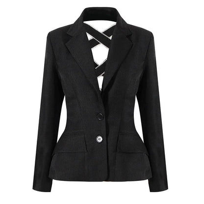 Diamond-embellished women's blazer with bow tie design and slim fit for elegant, sophisticated style