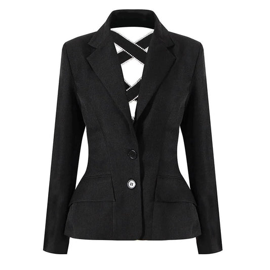 Diamond-embellished women's blazer with bow tie design and slim fit for elegant, sophisticated style