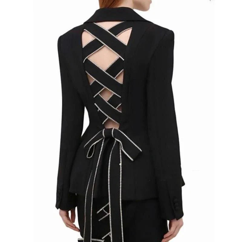 Diamond-embellished women's blazer with bow tie design and slim fit for elegant, sophisticated style