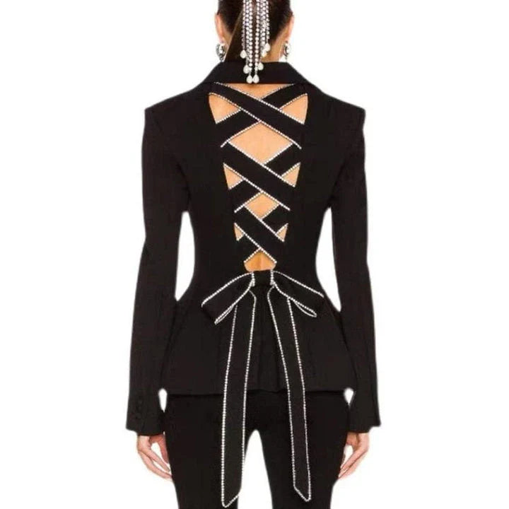 Diamond-embellished women's blazer with bow tie design and slim fit for elegant, sophisticated style