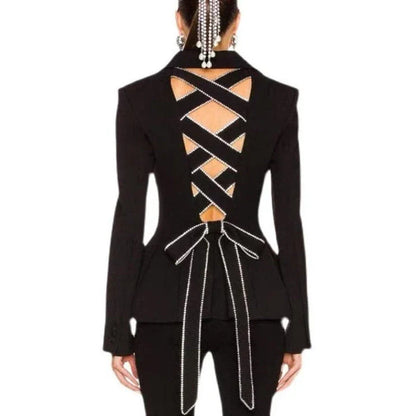 Diamond-embellished women's blazer with bow tie design and slim fit for elegant, sophisticated style