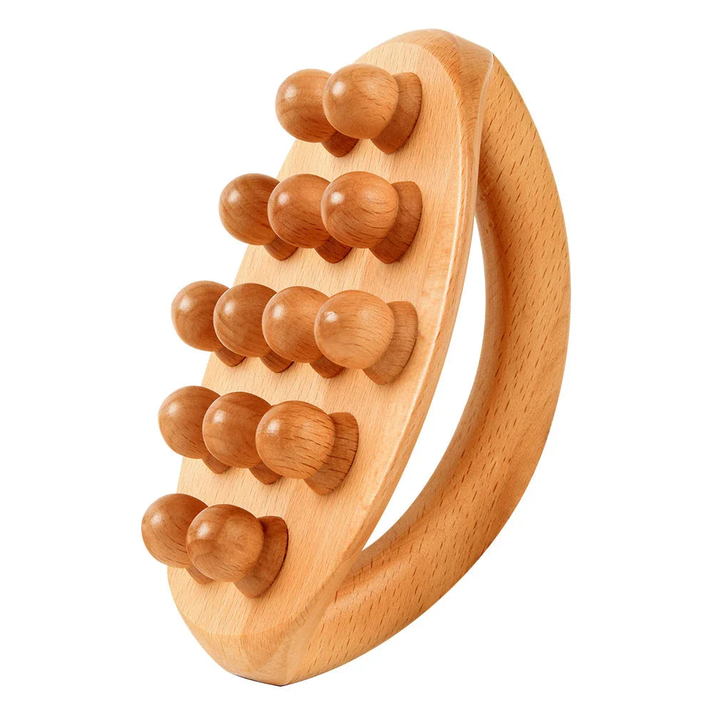 Handheld massage brush made of natural beech wood with smooth massage beads for relaxation and self-care