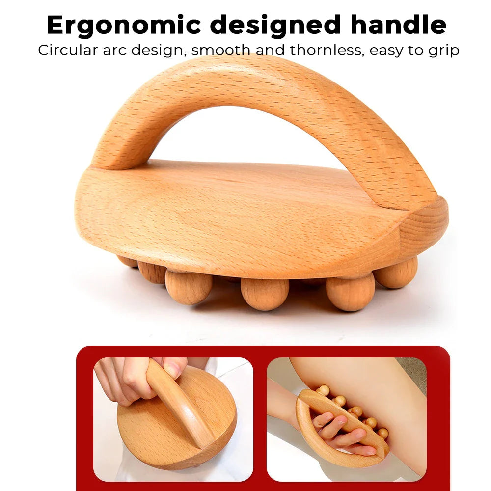 Handheld massage brush made of natural beech wood with smooth massage beads for relaxation and self-care