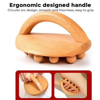Handheld massage brush made of natural beech wood with smooth massage beads for relaxation and self-care