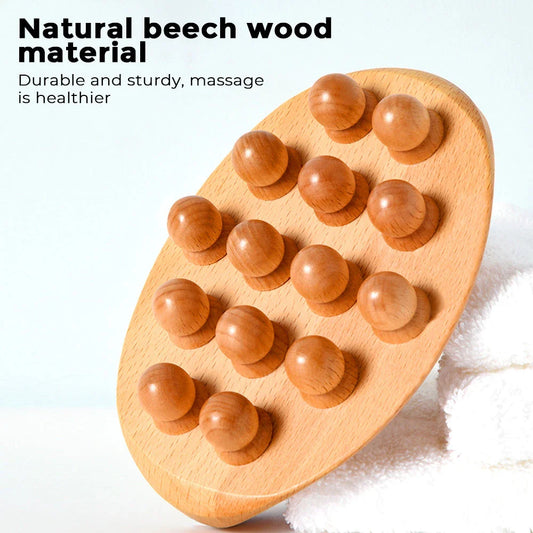 Handheld massage brush made of natural beech wood with smooth massage beads for relaxation and self-care