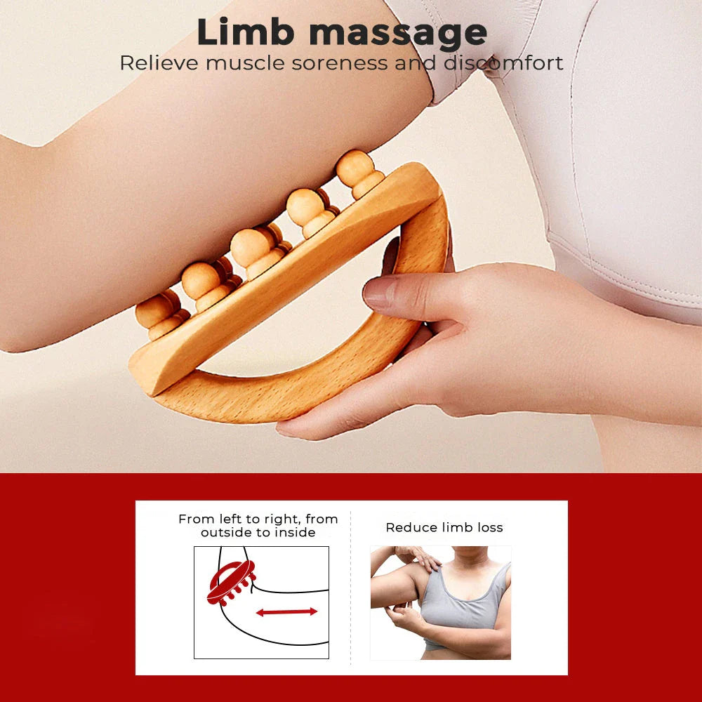 Handheld massage brush made of natural beech wood with smooth massage beads for relaxation and self-care