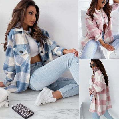 Loose plaid woollen long-sleeved jacket in a relaxed, oversized fit with a classic British-inspired design