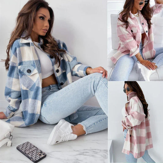 Loose plaid woollen long-sleeved jacket in a relaxed, oversized fit with a classic British-inspired design