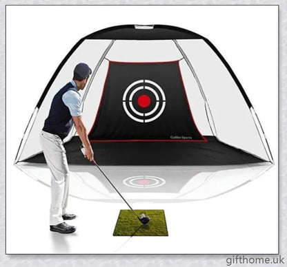 Golf practice driving net with rip-resistant target and wide openings for indoor and outdoor use