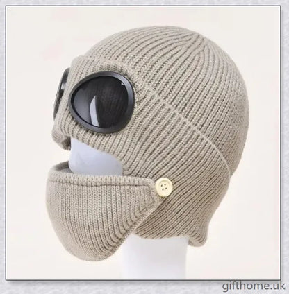 Aviator glasses ear with velvet warm wool hat, a premium British-made accessory featuring premium wool construction and a cosy velvet lining