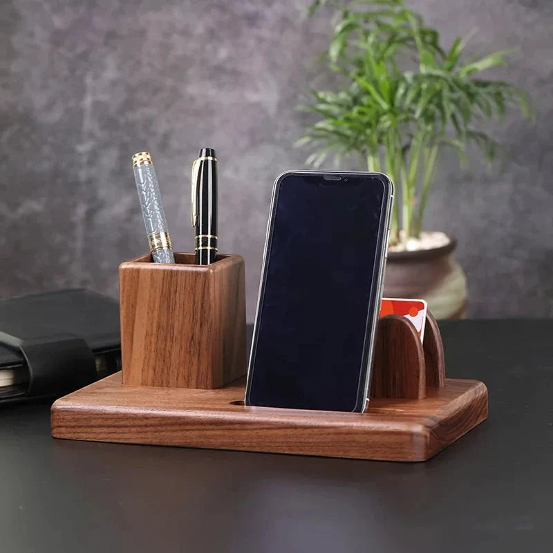 Elegant black walnut desk organiser with multiple compartments for pens, notes, and other office essentials