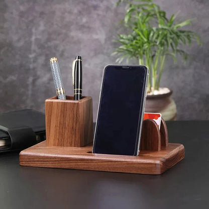 Elegant black walnut desk organiser with multiple compartments for pens, notes, and other office essentials