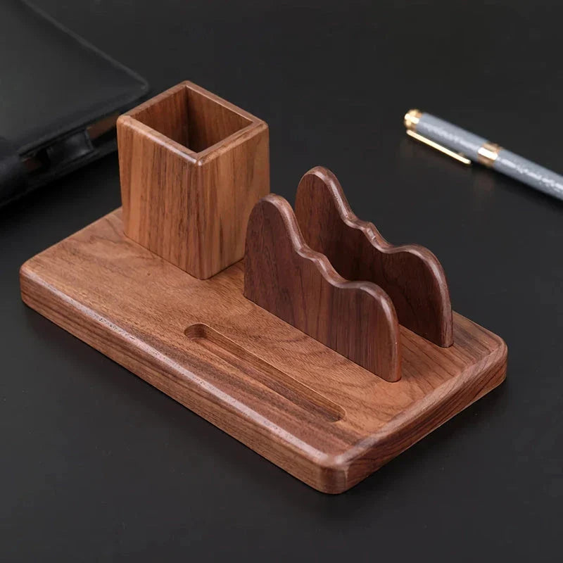 Elegant black walnut desk organiser with multiple compartments for pens, notes, and other office essentials