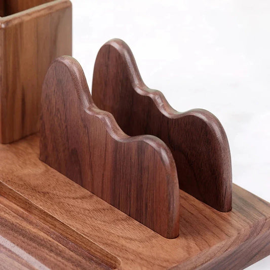 Elegant black walnut desk organiser with multiple compartments for pens, notes, and other office essentials