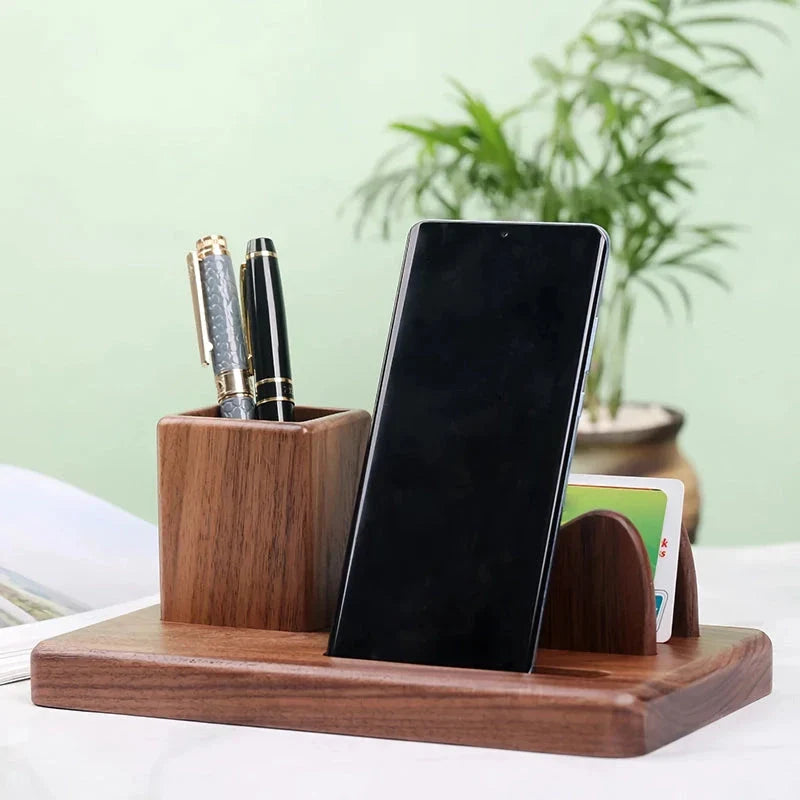 Elegant black walnut desk organiser with multiple compartments for pens, notes, and other office essentials