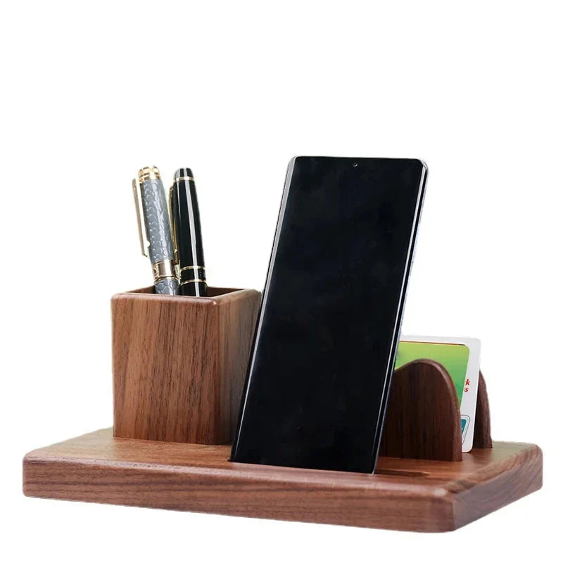 Elegant black walnut desk organiser with multiple compartments for pens, notes, and other office essentials