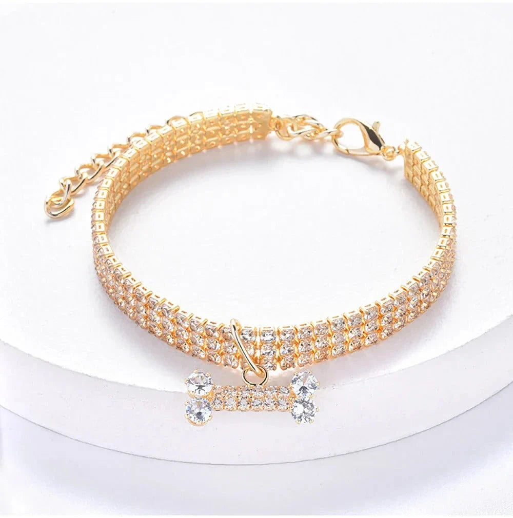 Luxury Adjustable Pet Collar with Zircon Bone Pendant in Silver, Gold, and Rose Gold colours