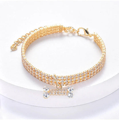 Luxury Adjustable Pet Collar with Zircon Bone Pendant in Silver, Gold, and Rose Gold colours